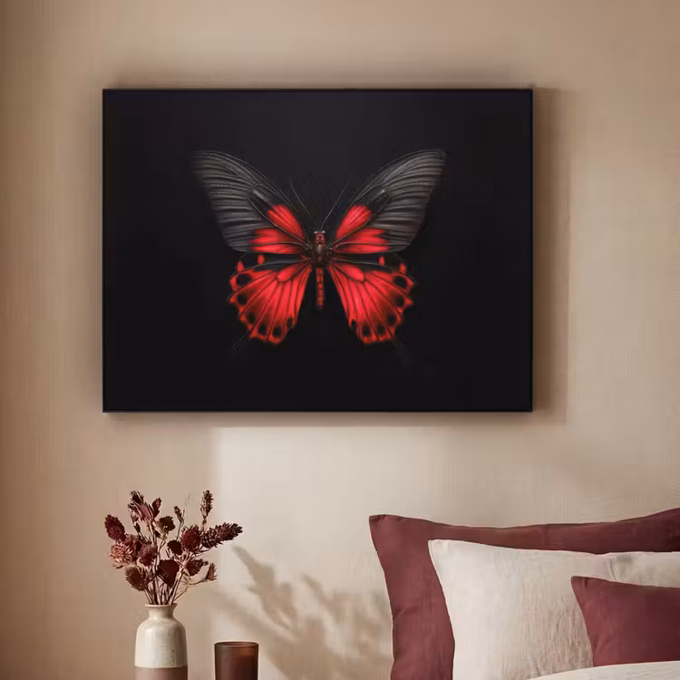 Vlinder - Rood - Contrast Textielframe zwart klein -sfeer1