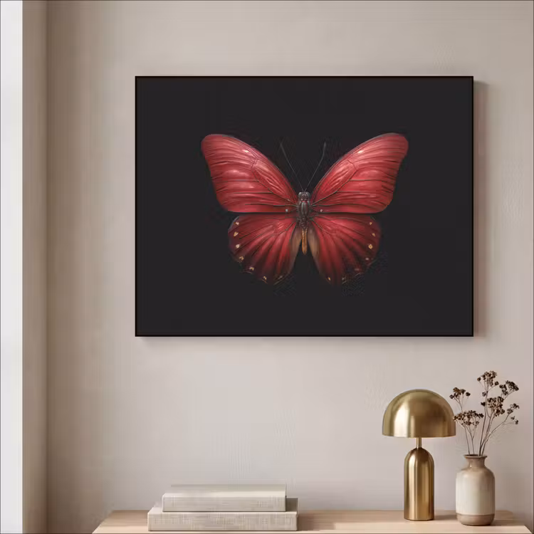 Vlinder - Rood - Minimalistisch Textielframe - compleet frame klein -sfeer2