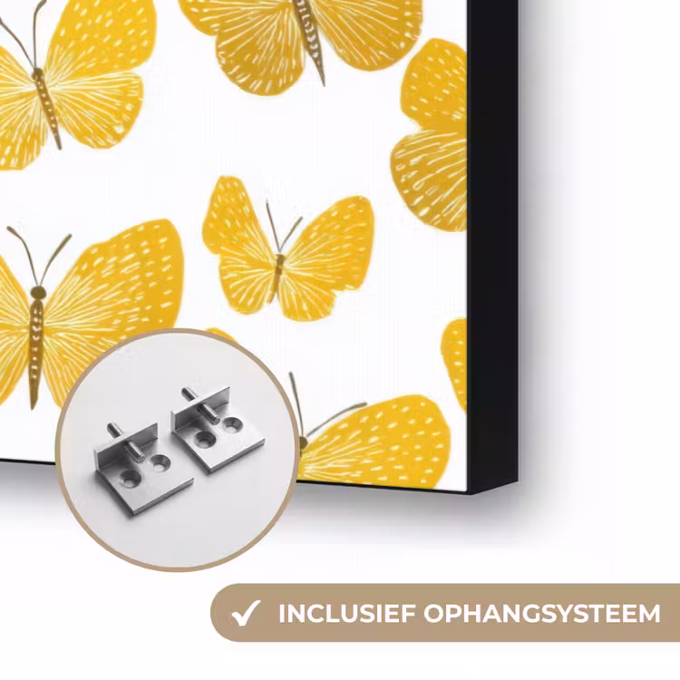 Vlinders - Botanisch - Illustratie - Geel - Wit Textielframe zwart klein 947 -USP_ophangsysteemNL
