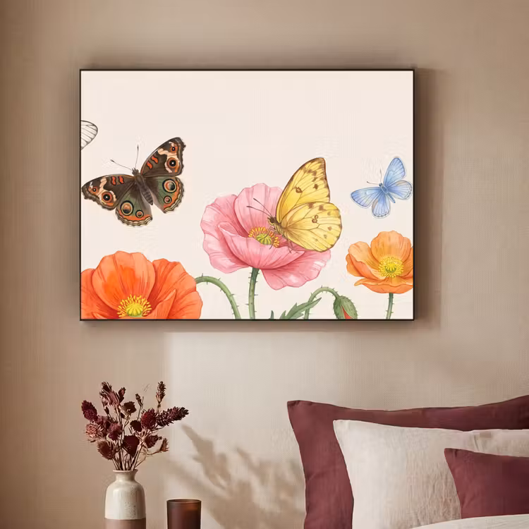 Vlinders - Klaprozen - Illustratie - Kleurrijk Textielframe zwart klein -sfeer1