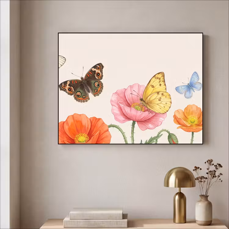 Vlinders - Klaprozen - Illustratie - Kleurrijk Textielframe zwart klein -sfeer2