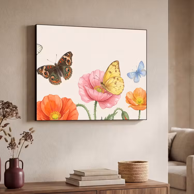 Vlinders - Klaprozen - Illustratie - Kleurrijk Textielframe zwart klein -sfeer3
