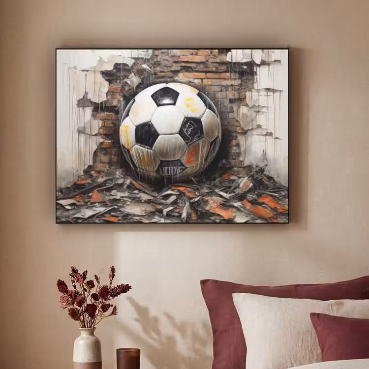 Voetbal - Muur - Zwart - Wit Textielframe zwart klein -sfeer1