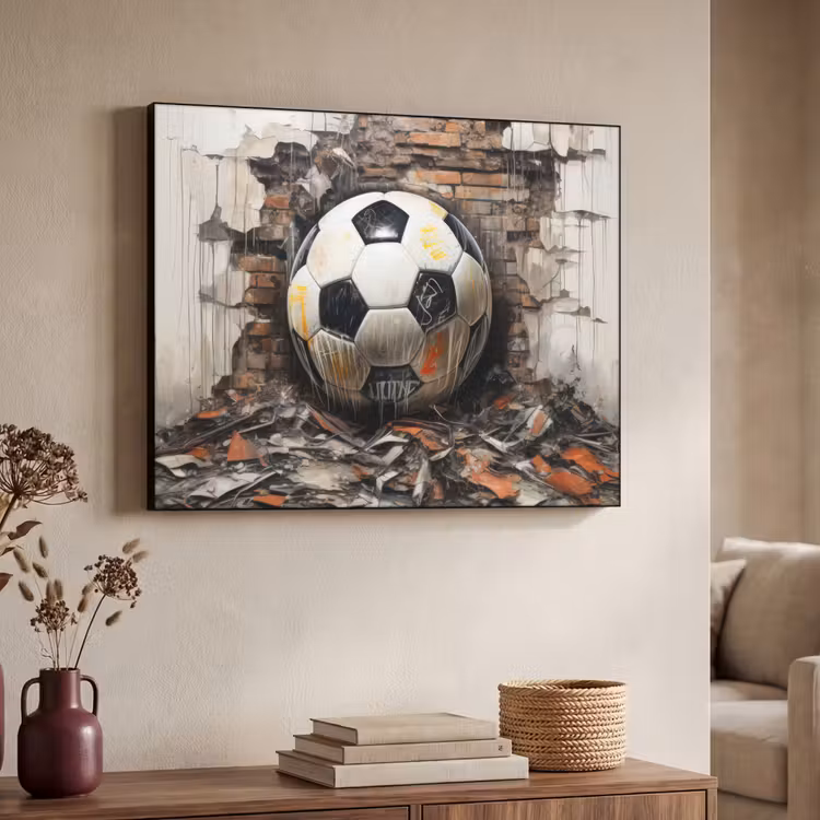 Voetbal - Muur - Zwart - Wit Textielframe zwart klein -sfeer3