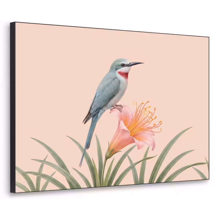 Vogel - Bloem - Natuur - Roze Textielframe zwart klein -3d
