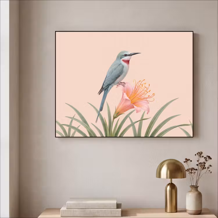 Vogel - Bloem - Natuur - Roze Textielframe zwart klein -sfeer2