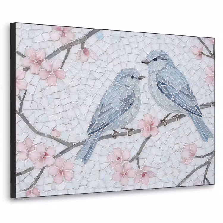 Vogel - Bloemen - Natuur - Mozaïek - Roze Textielframe zwart klein -3d