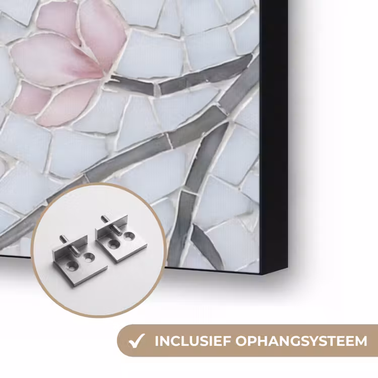 Vogel - Bloemen - Natuur - Mozaïek - Roze Textielframe zwart klein -USP_ophangsysteemNL