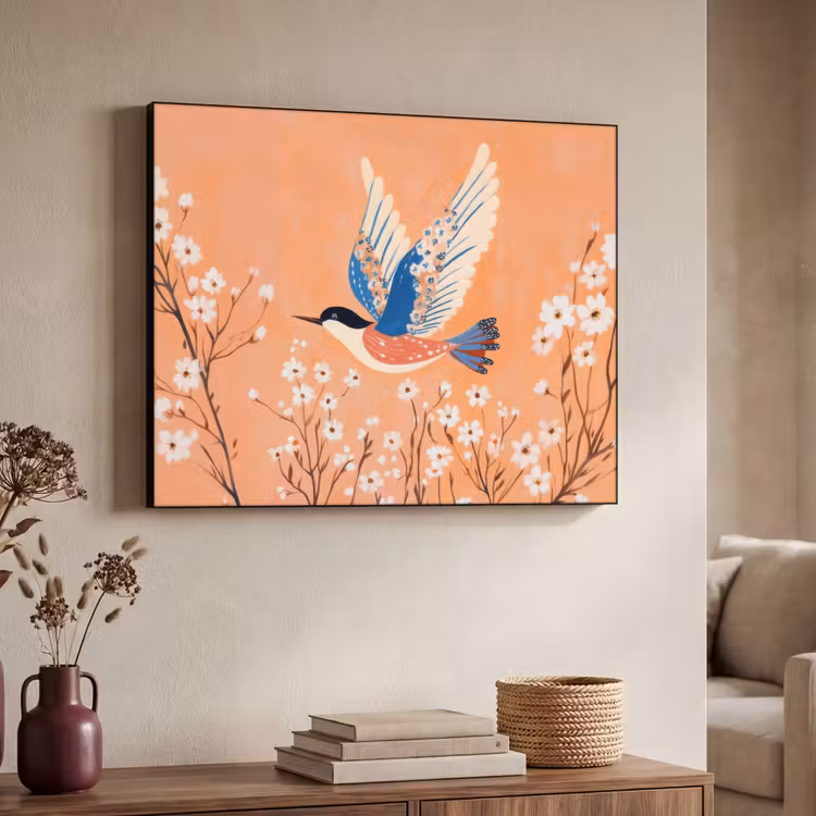 Vogel - Bloesemtakken - Warm - Kleurrijk Textielframe - compleet frame klein -sfeer3