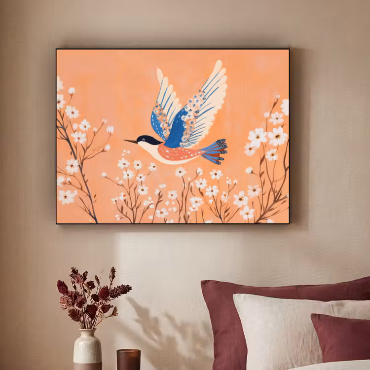 Vogel - Bloesemtakken - Warm - Kleurrijk Textielframe zwart klein -sfeer1