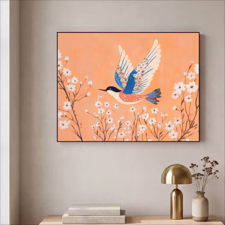 Vogel - Bloesemtakken - Warm - Kleurrijk Textielframe zwart klein -sfeer2
