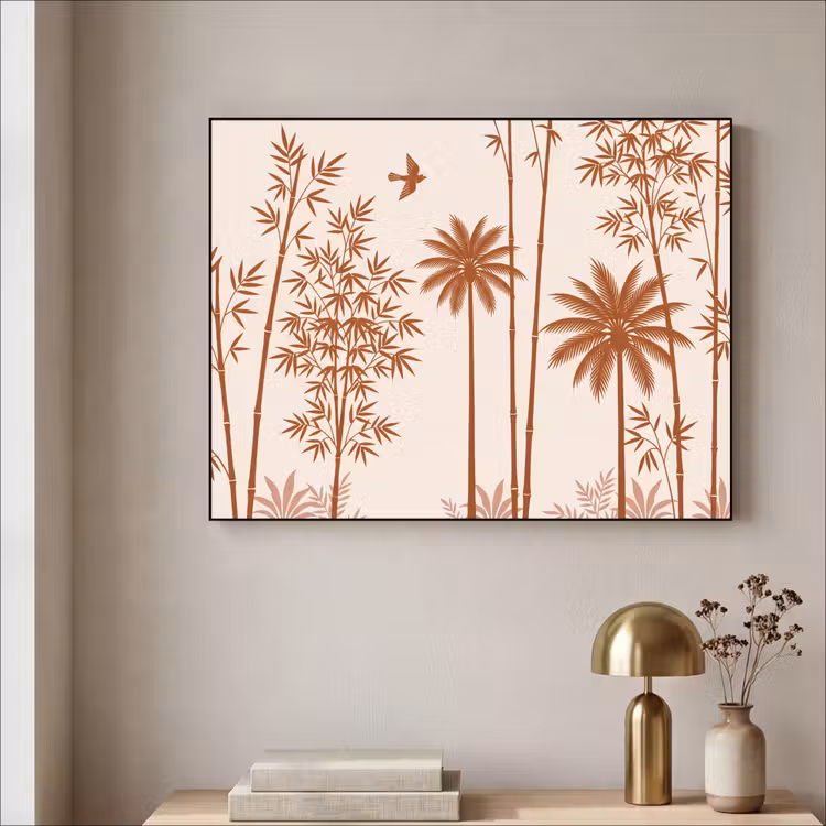Vogel - Boom - Tropisch - Minimalistisch - Bruin Textielframe zwart klein -sfeer2