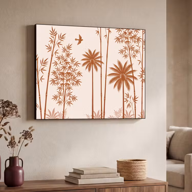 Vogel - Boom - Tropisch - Minimalistisch - Bruin Textielframe zwart klein -sfeer3