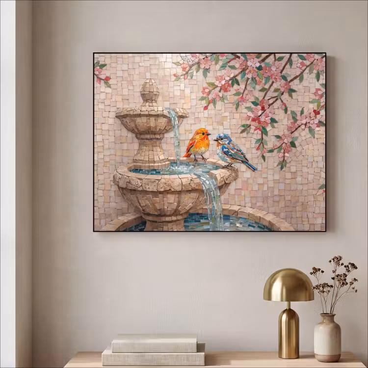 Vogel - fontein - mozaiek - kleurrijk - dieren Textielframe zwart klein -sfeer2