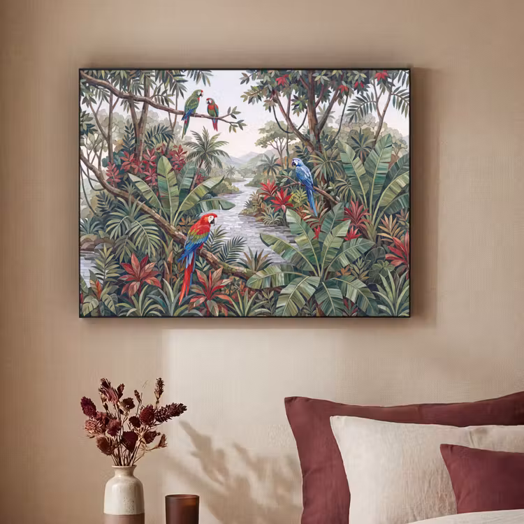 Vogel - Jungle - Natuur - Mozaïek - Groen Textielframe zwart klein -sfeer1
