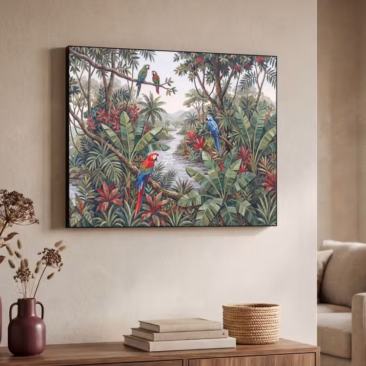 Vogel - Jungle - Natuur - Mozaïek - Groen Textielframe zwart klein -sfeer3