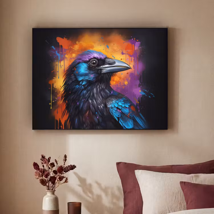 Vogel - Kraai - Graffiti - Zwart - Dieren Textielframe zwart klein -sfeer1