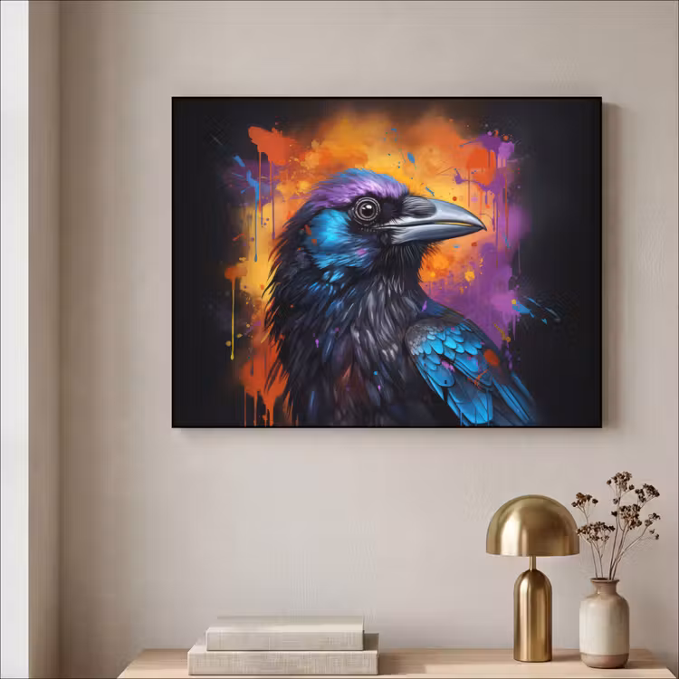Vogel - Kraai - Graffiti - Zwart - Dieren Textielframe zwart klein -sfeer2