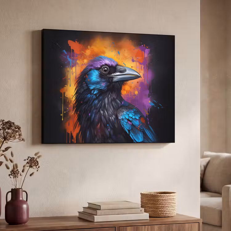Vogel - Kraai - Graffiti - Zwart - Dieren Textielframe zwart klein -sfeer3