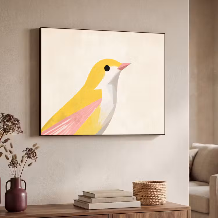 Vogel - Minimalistisch - Geel Textielframe zwart klein -sfeer3