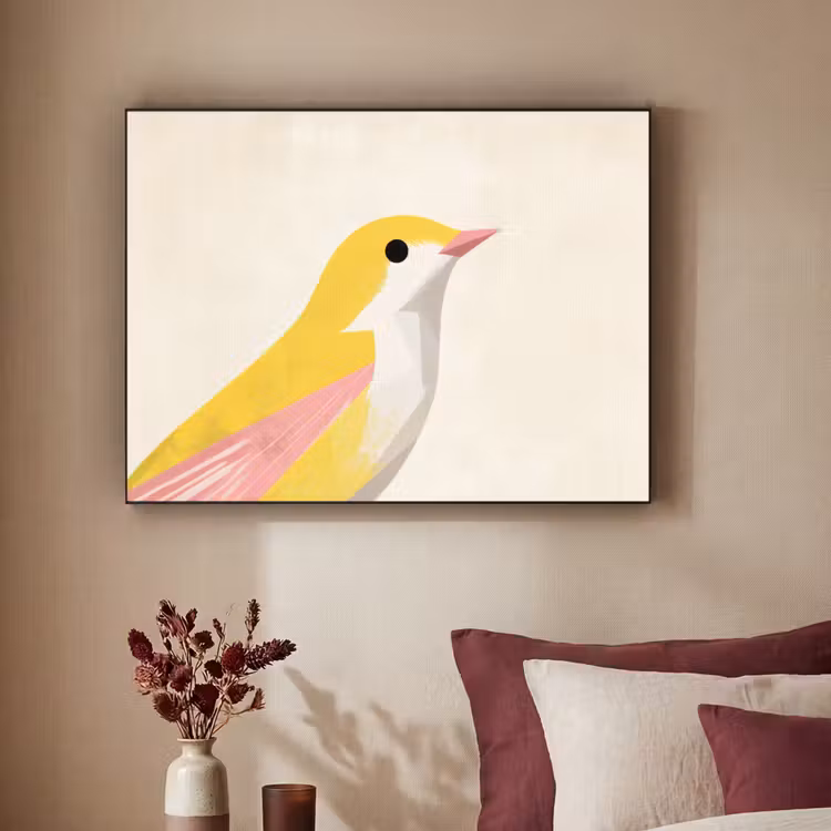Vogel - Minimalistisch - Geel Textielframe - compleet frame klein -sfeer1