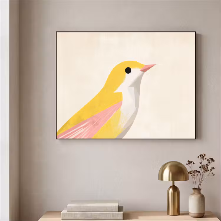 Vogel - Minimalistisch - Geel Textielframe - compleet frame klein -sfeer2