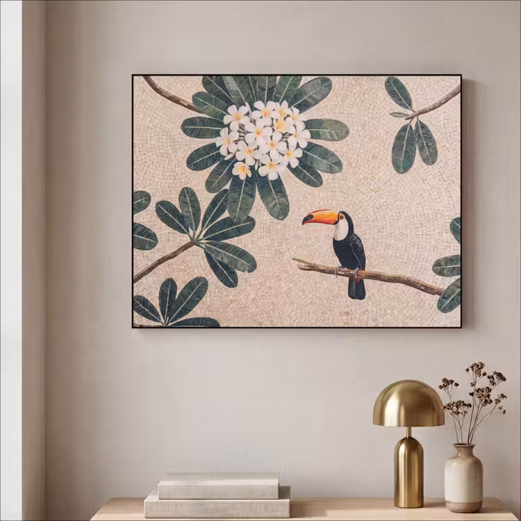 Vogel - Mozaïek - Tropisch - Natuur - Kleurrijk Textielframe zwart klein -sfeer2