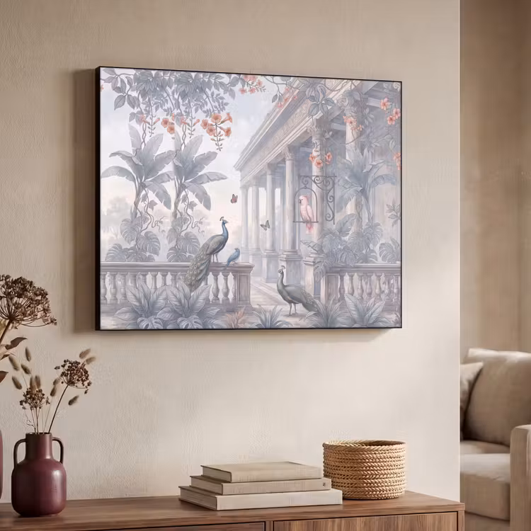 Vogel - Pauw - Architectuur - Klassiek - Groen Textielframe zwart klein -sfeer3