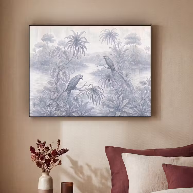 Vogel - Rivier - Tropisch - Illustratie - Blauw Textielframe zwart klein -sfeer1