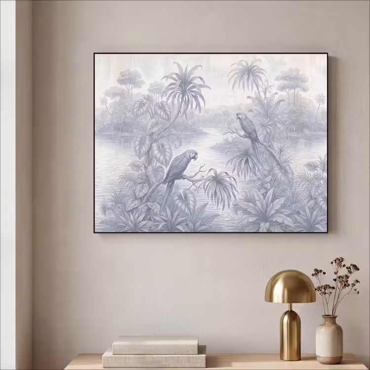 Vogel - Rivier - Tropisch - Illustratie - Blauw Textielframe zwart klein -sfeer2