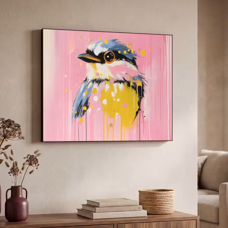 Vogel - Roze - Geel - Blauw Textielframe zwart klein -sfeer3