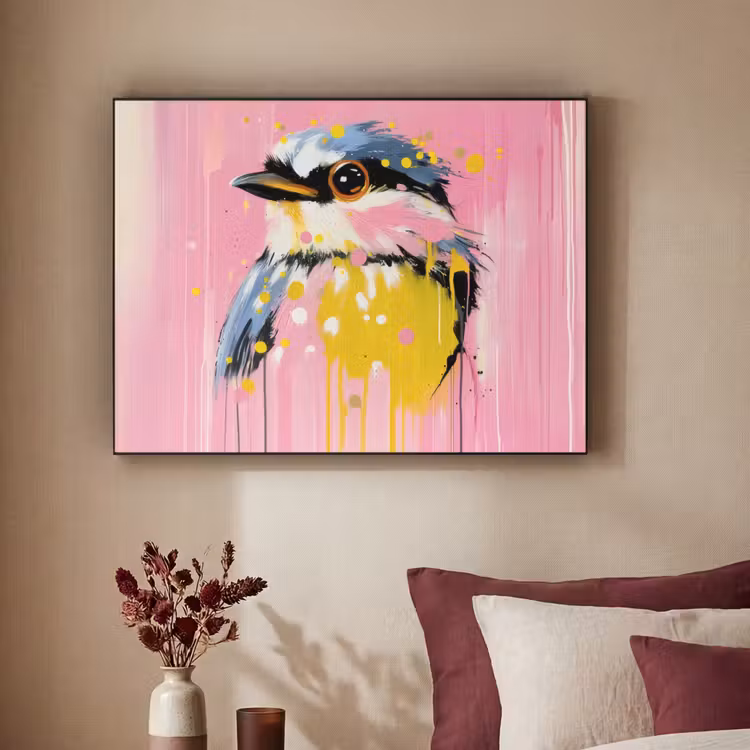 Vogel - Roze - Geel - Blauw Textielframe - compleet frame klein -sfeer1