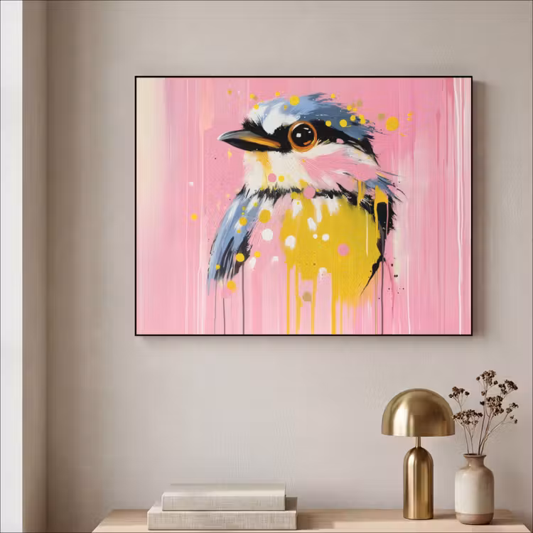 Vogel - Roze - Geel - Blauw Textielframe zwart klein -sfeer2