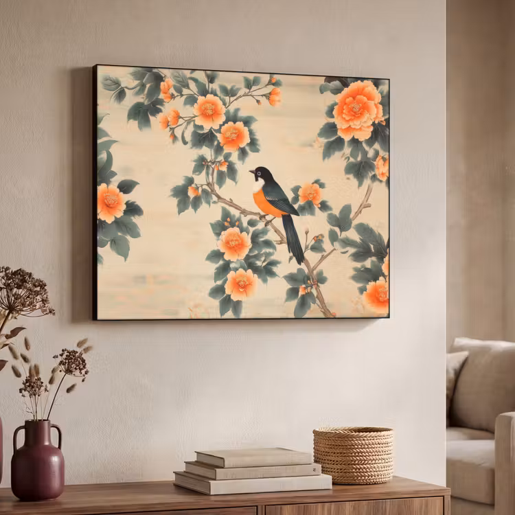 Vogel - Tak - Bloemen - Oranje Textielframe zwart klein -sfeer3