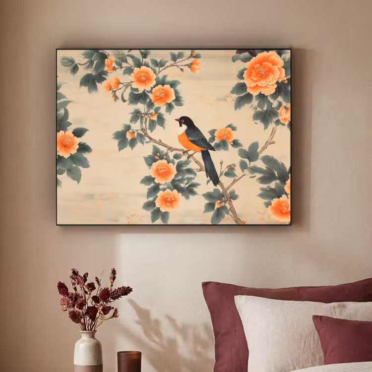 Vogel - Tak - Bloemen - Oranje Textielframe - compleet frame klein -sfeer1