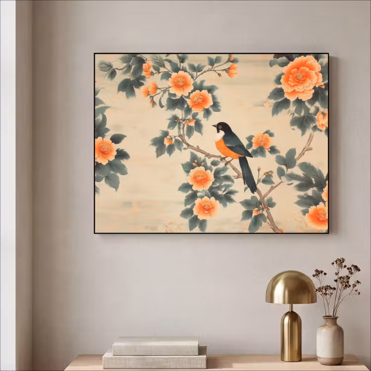 Vogel - Tak - Bloemen - Oranje Textielframe zwart klein -sfeer2