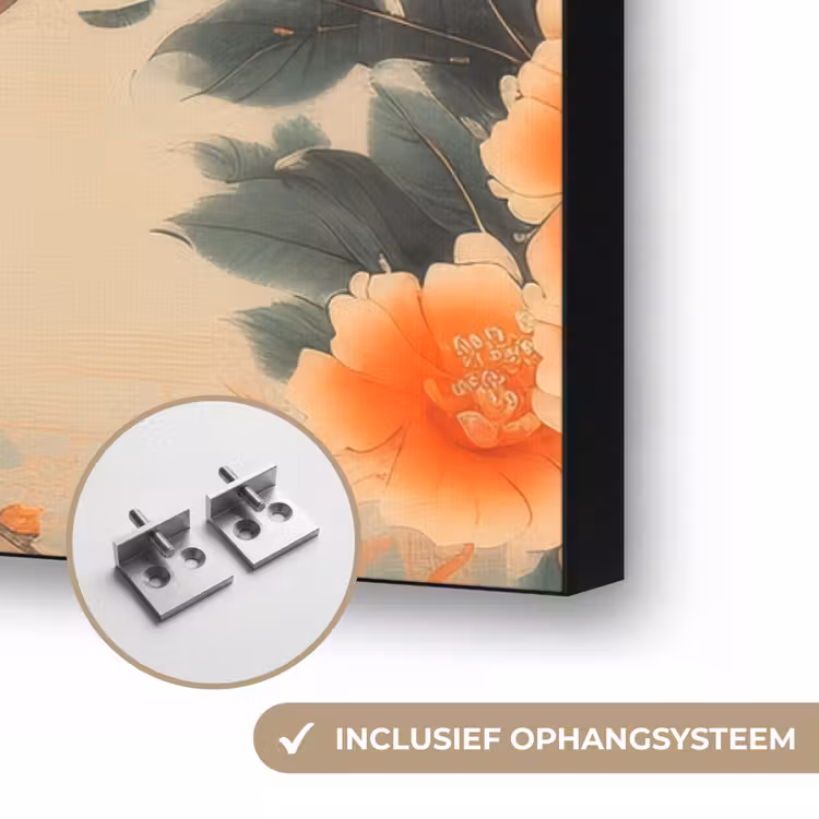 Vogel - Tak - Bloemen - Oranje Textielframe zwart klein -USP_ophangsysteemNL