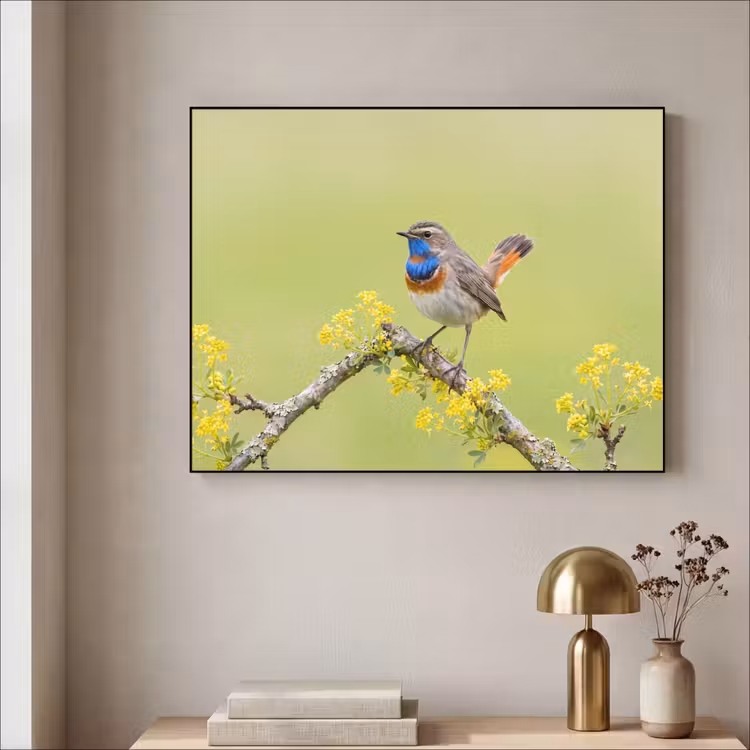Vogel - Tak - Natuur - Kleurrijk Textielframe zwart klein -sfeer2