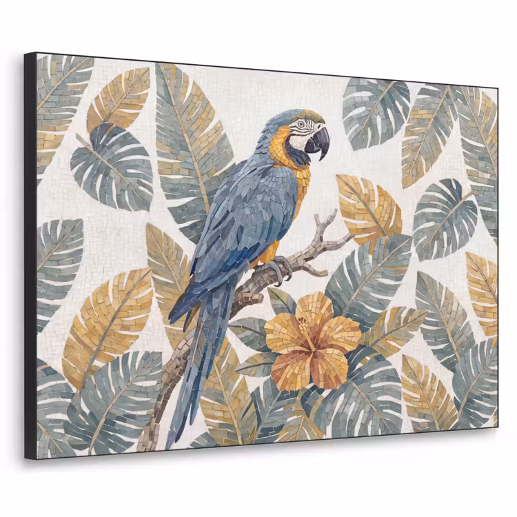 Vogel - Tak - Natuur - Mozaïek - Blauw Textielframe zwart klein -3d
