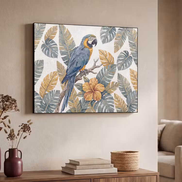 Vogel - Tak - Natuur - Mozaïek - Blauw Textielframe zwart klein -sfeer3