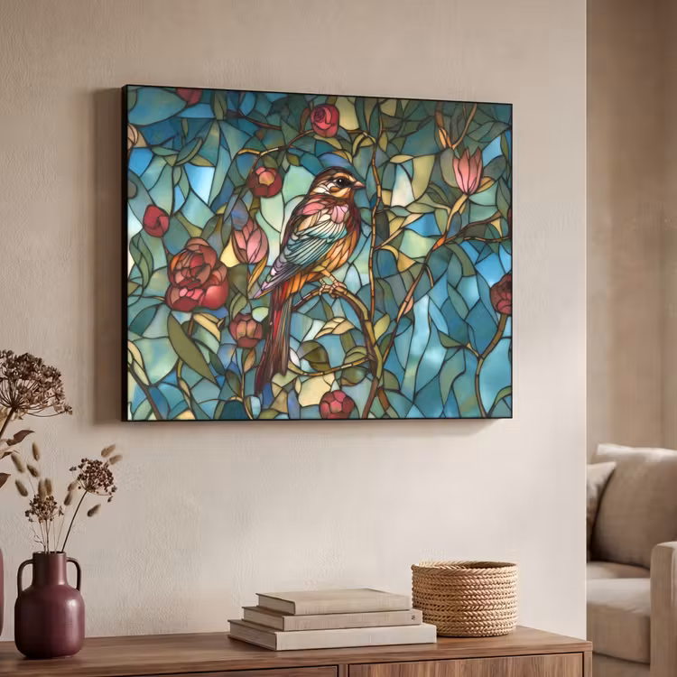 Vogel - Tak - Rozen - Mozaïek Textielframe zwart klein -sfeer3