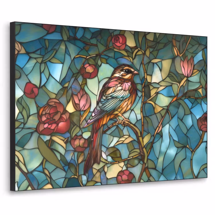 Vogel - Tak - Rozen - Mozaïek Textielframe zwart klein -3d