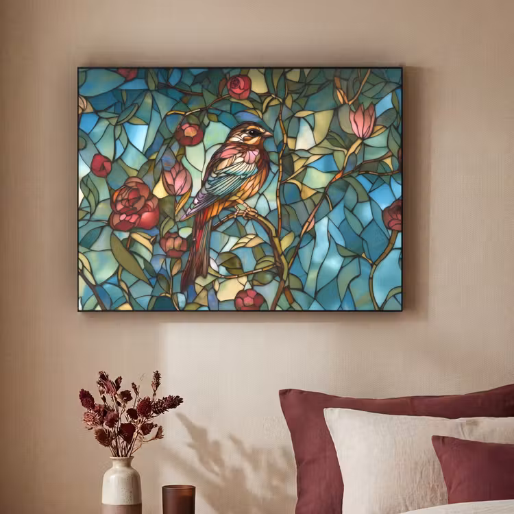 Vogel - Tak - Rozen - Mozaïek Textielframe zwart klein -sfeer1