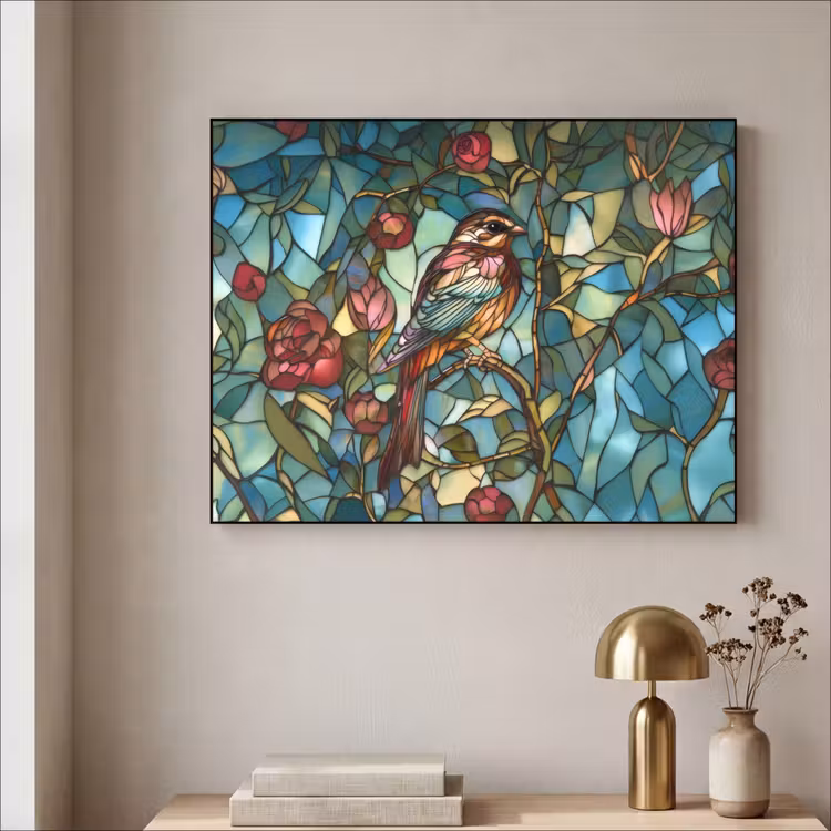 Vogel - Tak - Rozen - Mozaïek Textielframe zwart klein -sfeer2