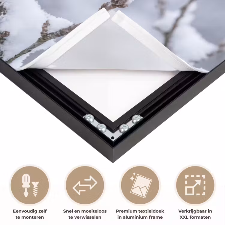 Vogel - Tak - Sneeuw - Winter Textielframe zwart klein -USP_closeupNL