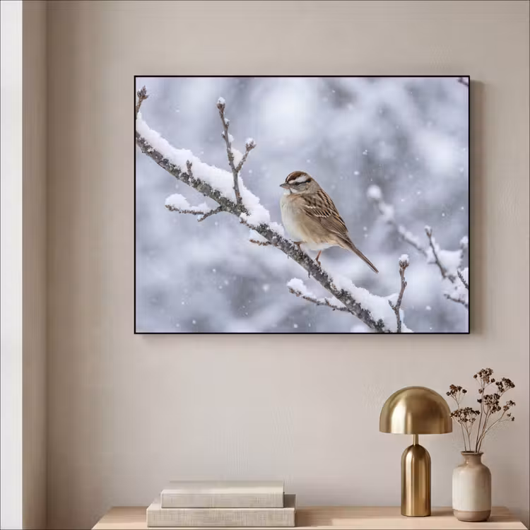 Vogel - Tak - Sneeuw - Winter Textielframe zwart klein -sfeer2