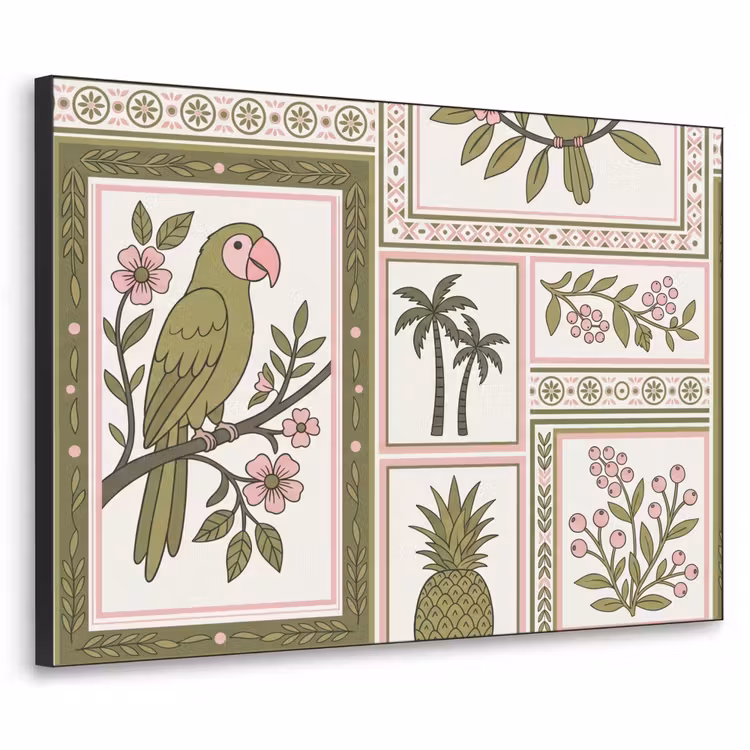 Vogel - Tropisch - Patroon - Decoratief - Groen Textielframe zwart klein -3d