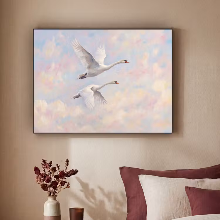 Vogel - Vliegend - Lucht - Modern - Pastel Textielframe zwart klein -sfeer1