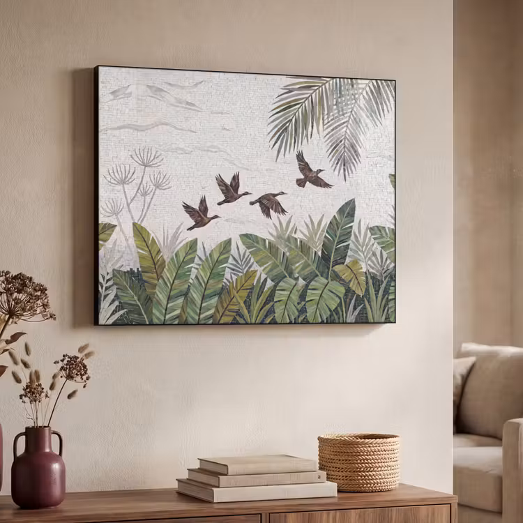 Vogel - Vliegend - Tropisch - Mozaïek - Groen Textielframe zwart klein -sfeer3