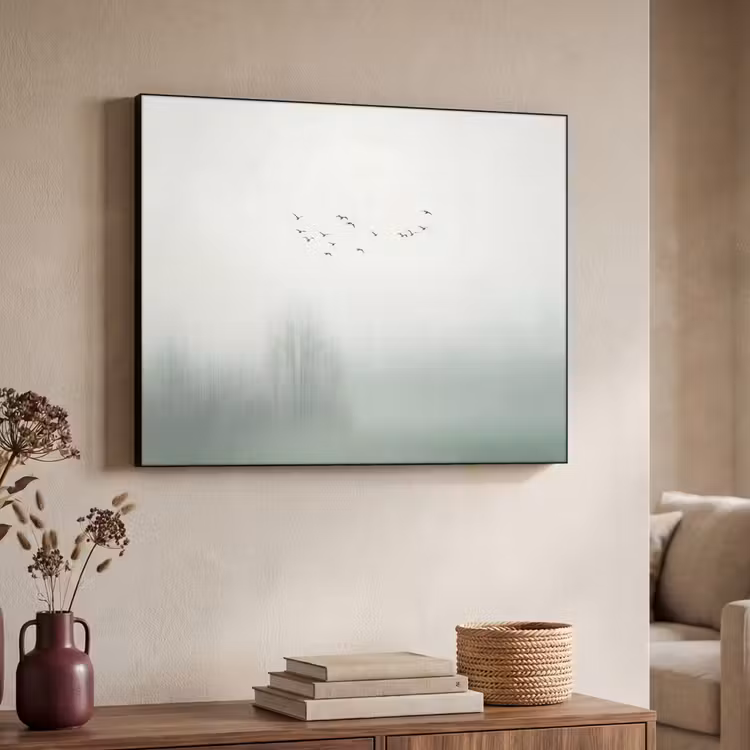 Vogel - Vlucht - Natuur - Minimalistisch Textielframe zwart klein -sfeer3